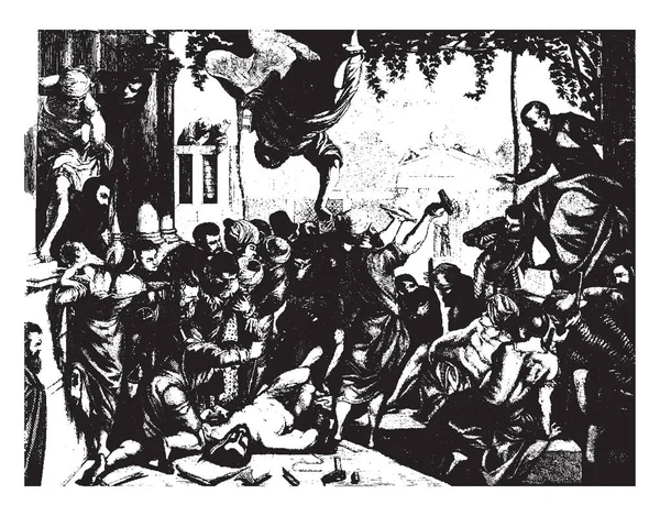 Чудо Раба Спасено Божественным Существом Рисованием Винтажных Линий Гравировкой — стоковый вектор