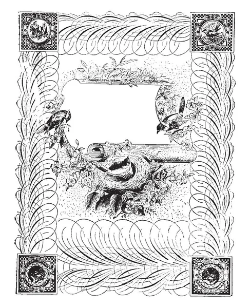 フレーム ビンテージの線描画や彫刻イラストの中心に巣に座っている鳥 — ストックベクタ