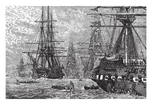 British Troops Ships Lower Bay Vintage Line Drawing Engraving Illustration — Stock Vector