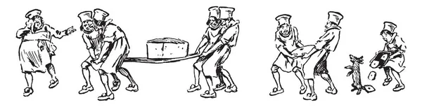 Группа Кухонного Персонала Большим Количеством Продуктов Питания Рисунок Винтажных Линий — стоковый вектор