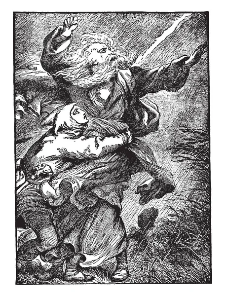 Мужчина Талией Старика Выглядит Буря Рисунок Винтажной Линии Гравировка Иллюстрации — стоковый вектор