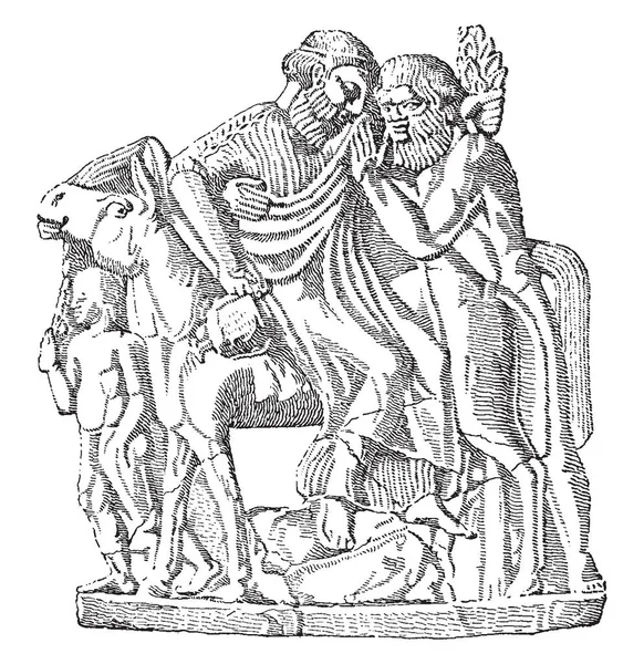 在这张图片中 狄俄尼索斯骑着马与两个人 坐落于马 复古线画或雕刻插图狄俄尼索斯 — 图库矢量图片