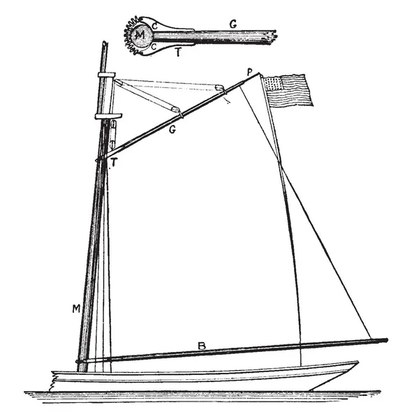 加夫格钻机用于延伸前和后帆的上边缘 不设置在停留 复古线画或雕刻插图 — 图库矢量图片