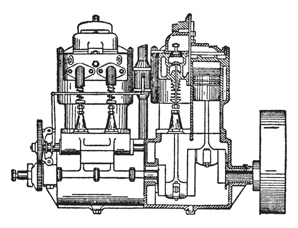 燃气发动机内燃机 它运行在煤气燃料 如煤气生产者气体 复古线绘制或雕刻插图 — 图库矢量图片
