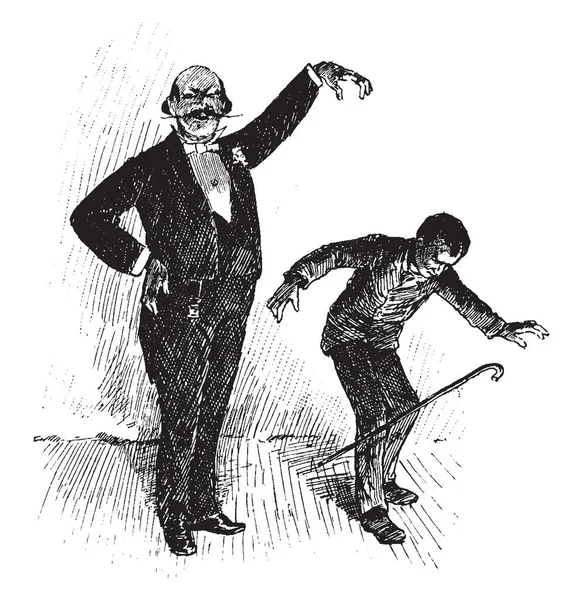 一个男孩的小镇 这个场景显示一个老人和男孩 老人举起一只手 坚持在空中 一个男孩弯腰 复古线条画或雕刻插图 — 图库矢量图片