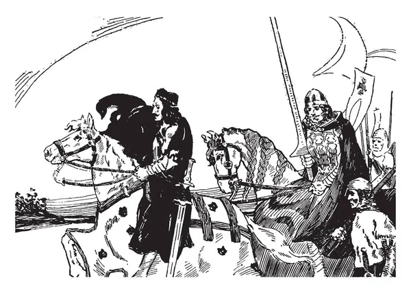 国王和士兵用剑骑着马 另一个士兵和他们一起走 老式的线条画或雕刻插图 — 图库矢量图片