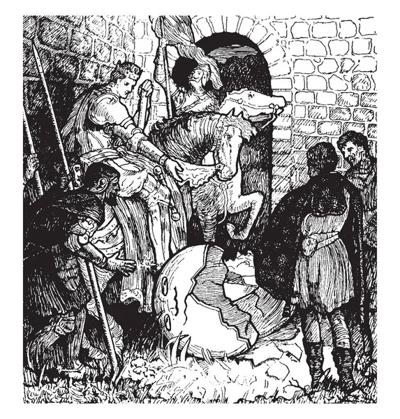 Шалтай Базікай Сцена Показує Яйце Впав Землю Коней Солдати Дивлячись — стоковий вектор
