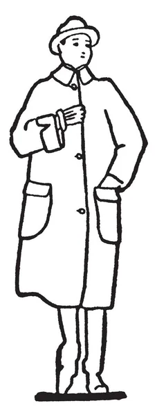 Man Wearing Knee Length Jacket Hat Head Vintage Line Drawing — Stock Vector