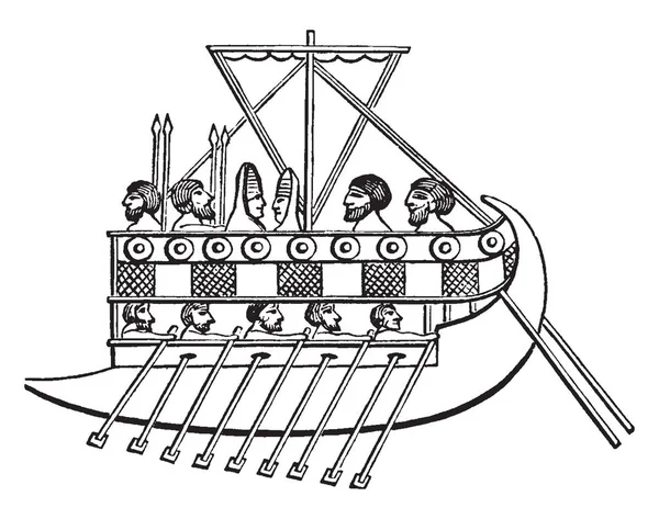 古代はオール ビンテージの線描画や彫刻図の つのデッキを持つ古代 Oared 軍艦です — ストックベクタ