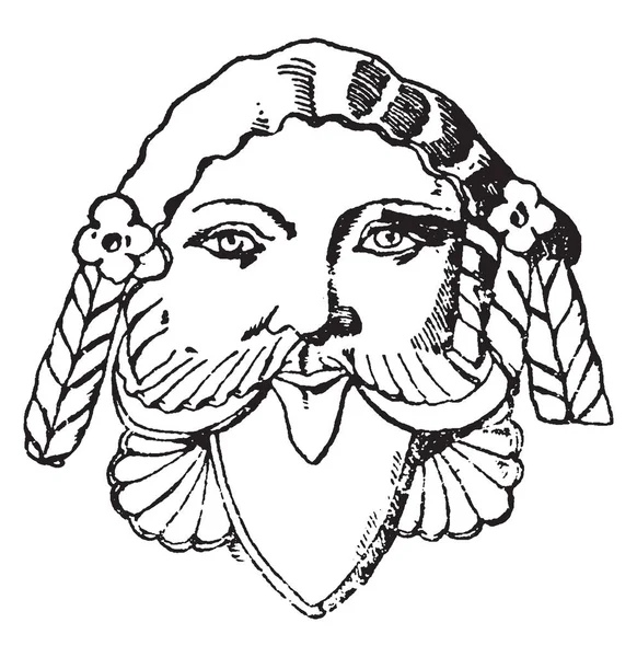 Máscara Etrusca Terracota Dibujo Línea Vintage Ilustración Grabado — Vector de stock