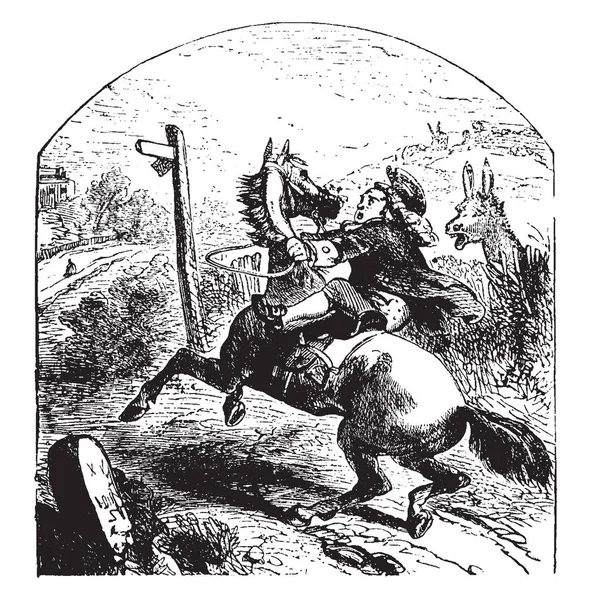 吉尔宾 这个场景显示了一匹马 看着骑马回来的人 复古线条画或雕刻插图 — 图库矢量图片