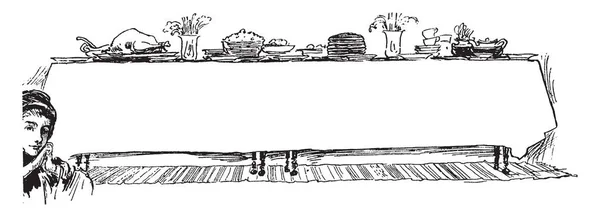 Ужин Стол Питание Цветочный Горшок Винтажные Линии Рисунок Гравировка Иллюстрации — стоковый вектор