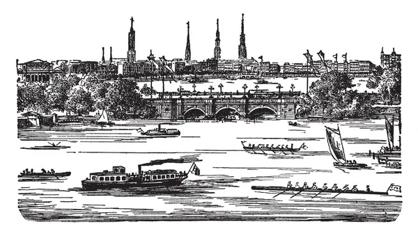 Hamburgo Segunda Maior Cidade Alemanha Desenho Linha Vintage Gravura Ilustração —  Vetores de Stock