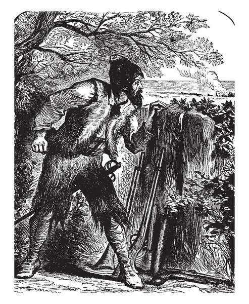 罗宾逊在他的堡垒 这个场景显示一个人站在他的堡垒枪 复古线条画或雕刻插图 — 图库矢量图片