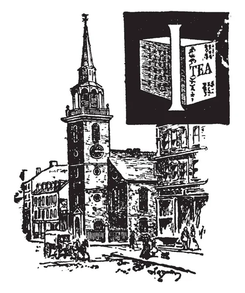 Ein Großbuchstabe Mit Kirche Vintage Linienzeichnung Oder Gravierillustration — Stockvektor