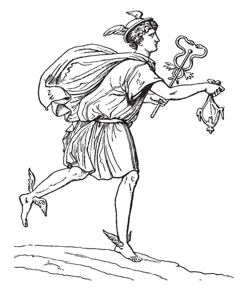 Рисунок Меркурия Крылатыми Тапочками Ногах Кепкой Голове Рисунок Винтажной Линии — стоковый вектор