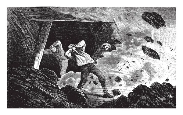 Ilustracja Przedstawia Eksplozji Kopalni Węgla Vintage Rysowania Linii Lub Grawerowanie — Wektor stockowy
