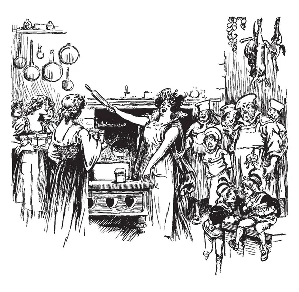 Une Reine Tenant Rouleau Pâtisserie Parlant Autour Eux Dessin Ligne — Image vectorielle