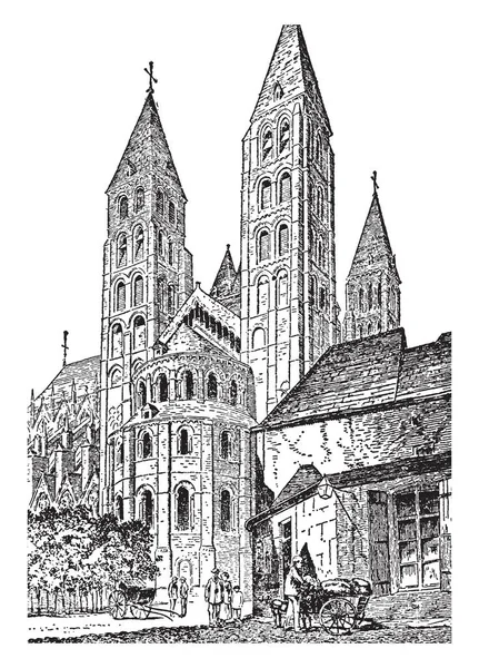 图尔奈大教堂 大英百科全书 罗马天主教会 图尔奈教区在图尔奈 比利时 复古线条绘画或雕刻插图 — 图库矢量图片