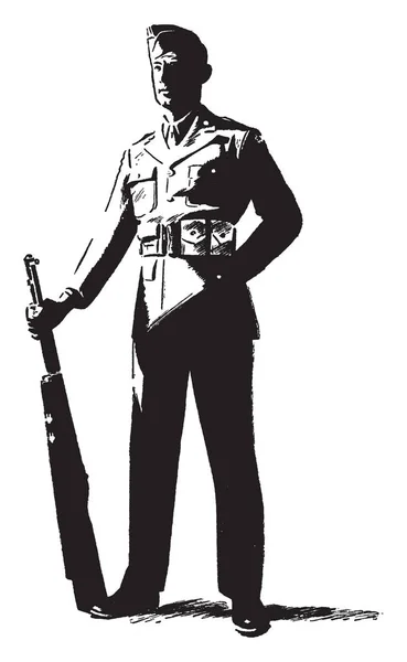 Армейский Человек Винтовкой Рисунком Винтажной Линии Гравировкой — стоковый вектор