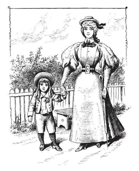 母亲牵着孩子的手 在街上散步 复古的线条画或雕刻插图 — 图库矢量图片