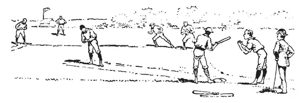 Сцена Игры Бейсбол Рисование Винтажных Линий Гравировка Иллюстрации — стоковый вектор