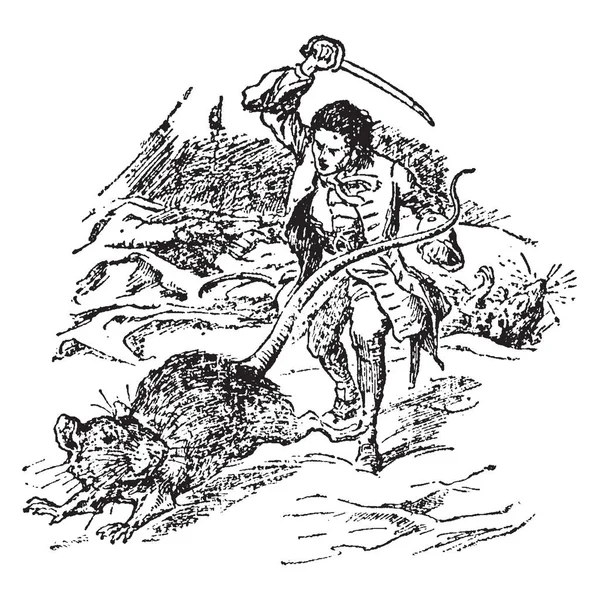 格列佛大鼠 这个场景显示一个小男人举起他的剑对巨型老鼠保卫自己 复古线条画或雕刻插图 — 图库矢量图片