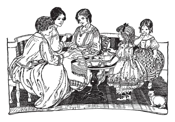 Три Жінки Дві Дівчини Мають Чай Закуски Вінтажний Малюнок Або — стоковий вектор