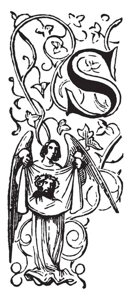 Decorative Letter Angel Holding Cloth Vintage Line Drawing Engraving Illustration — Stock Vector