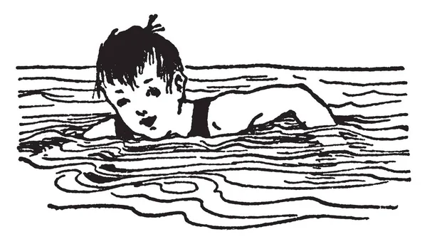 在水中游泳的小男孩 复古线图画或雕刻例证 — 图库矢量图片