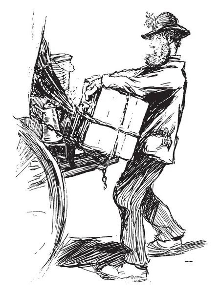 Questa Illustrazione Rappresenta Uomo Caricamento Carrello Linea Vintage Disegno Incisione — Vettoriale Stock