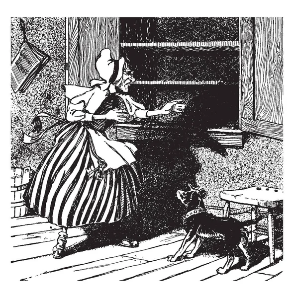 Hubbard このシーンは食器棚とテーブル ビンテージの線描画や彫刻イラスト近く犬立っている老婆を示しています — ストックベクタ