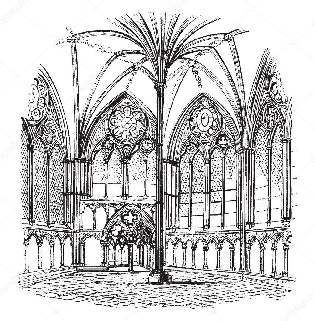 Chapter-house, Salisbury Cathedral, architecture, building, room,  part of a cathedral, monastery, collegiate church, vintage line drawing or engraving illustration.