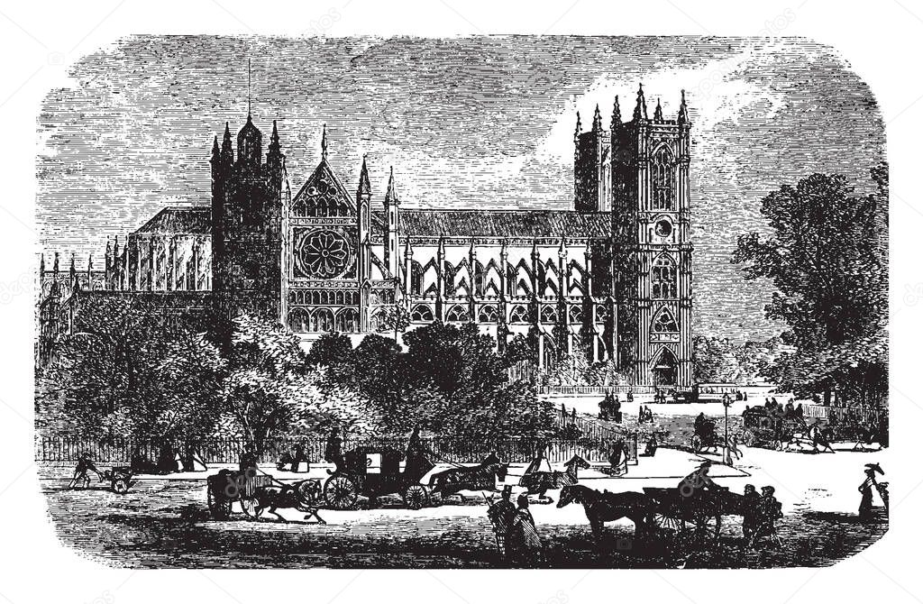 Westminster Abbey, architecture, England, Gothic church, Gothic style, London, Pointed Style, vintage line drawing or engraving illustration.