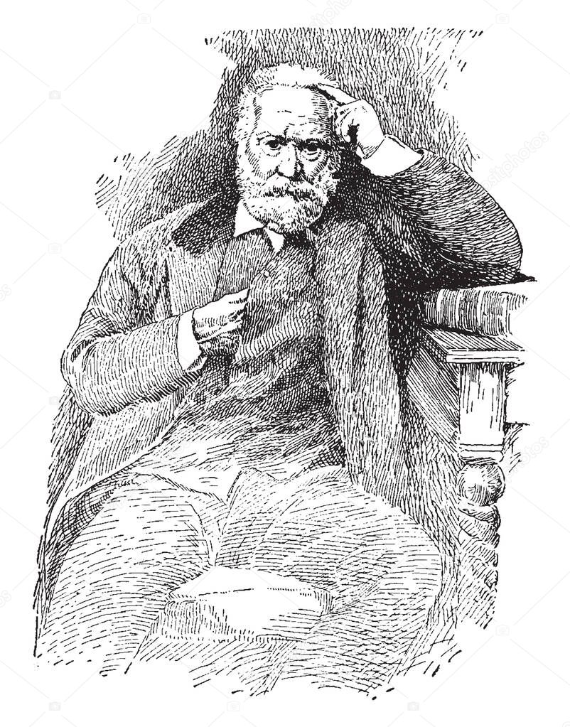 Victor Hugo, 1802-1885, he was a French poet, novelist, and dramatist of the romantic movement, vintage line drawing or engraving illustration