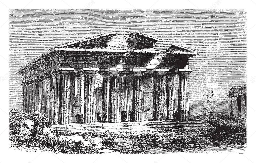 Temple of Neptune, located in the Graeco-Roman ancient, city of Paestum, the Campania region in Italy, made out of vertical columns, vintage line drawing or engraving illustration.