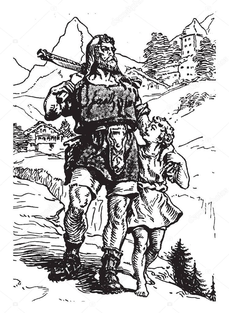 A man with little boy walking together and boy looking at him, houses and trees in background, vintage line drawing or engraving illustration