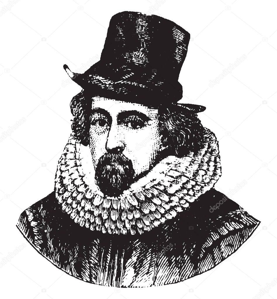 Francis Bacon, 1561-1626, he was an English philosopher, author, statesman and scientist, famous for his promotion of the scientific method, vintage line drawing or engraving illustration