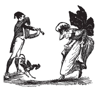 Fiddler bu sahnede oynamak, bir adam önünde, alt, vintage çizgi çizme veya oyma illüstrasyon atlama horoz duran bir peri için Keman çalmaya gösterir