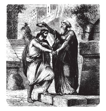Saul Anointed Samuel tarafından Samuel, vintage çizgi çizme veya oyma illüstrasyon Peygamber tarafından meshettiler.