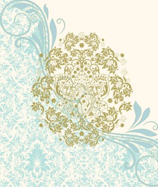 Vintage davetiye süslü zarif retro soyut çiçek tasarım, zeytin yeşili ve ışık mavi çiçek ve yaprakları metin etiketi beyaz zemin üzerine. Vektör çizim