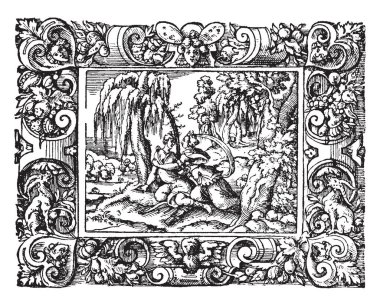 Onları, vintage çizgi çizme bakarak veya illüstrasyon oyma başka bir kadın ve ağacın altında oturan bir bayan ve bir erkek