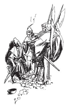 Üç adam, onun yanında duran bir adam el dilenci omzuna zemin, vintage çizim için kase dilencilik veya illüstrasyon oyma kalmasını ve kader Wills, bu sahneyi oturan dilenci gösterir.