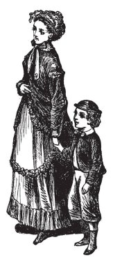 Burada bu görüntüde annesi onu bebek ve sokakları, vintage çizgi çizme veya oyma illüstrasyon geziniyor elini tutuyor.