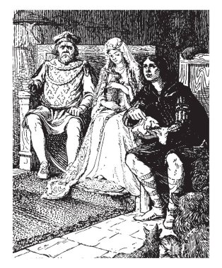 Davulcu, ciddi ifade ve bir tavşan tutarak kadın bir bankta oturan bir bayan ile yaşlı bir adam ve o kadın, klasik çizgi çizme yanında oturan veya illüstrasyon oyma bir adam