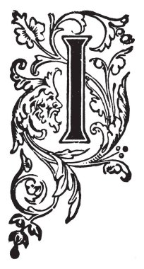 Dekoratif bir büyük harf ı çiçek süsleme, vintage çizgi çizme veya oyma illüstrasyon