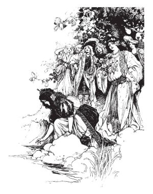 Kraliçe taç çiçek eller, vintage çizgi çizme veya oyma illüstrasyon demet tutan bir kadın onun arkasında duran diğer kadın gölde, elini koyarak ile