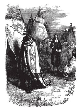 Bu görüntü ve bazı insanlar, bazı insanlar oturuyor musun resimde durdum. Herkes dua ediyor, vintage satır çizim veya gravür illüstrasyon.