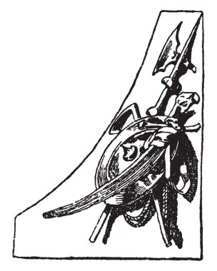 Gravür, Heinrich Goltzius, vintage çizgi çizme veya oyma tarafından tasarlanmıştır bakır plaka yapılan bir kenarlığı sağ savaş sembolü vardır.