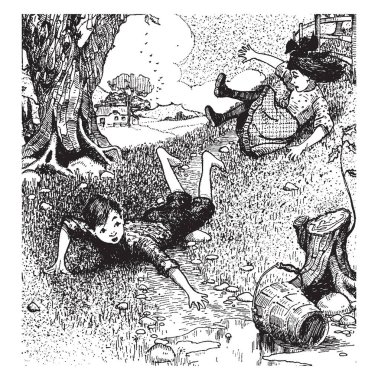 Jack ve Jill, bu sahne gösterileri hill ve kova küçük çocuk düştü elini, kova, düşen su düştü sonra ağaçlar ve arka plan, vintage çizgi çizme veya oyma illüstrasyon evde yuvarlanan küçük kız geldi